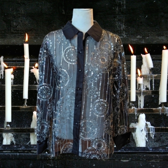 Bob Mackie black sheer witchy whimsigoth oversized silver sequins shirt sz M - Picture 9 of 10